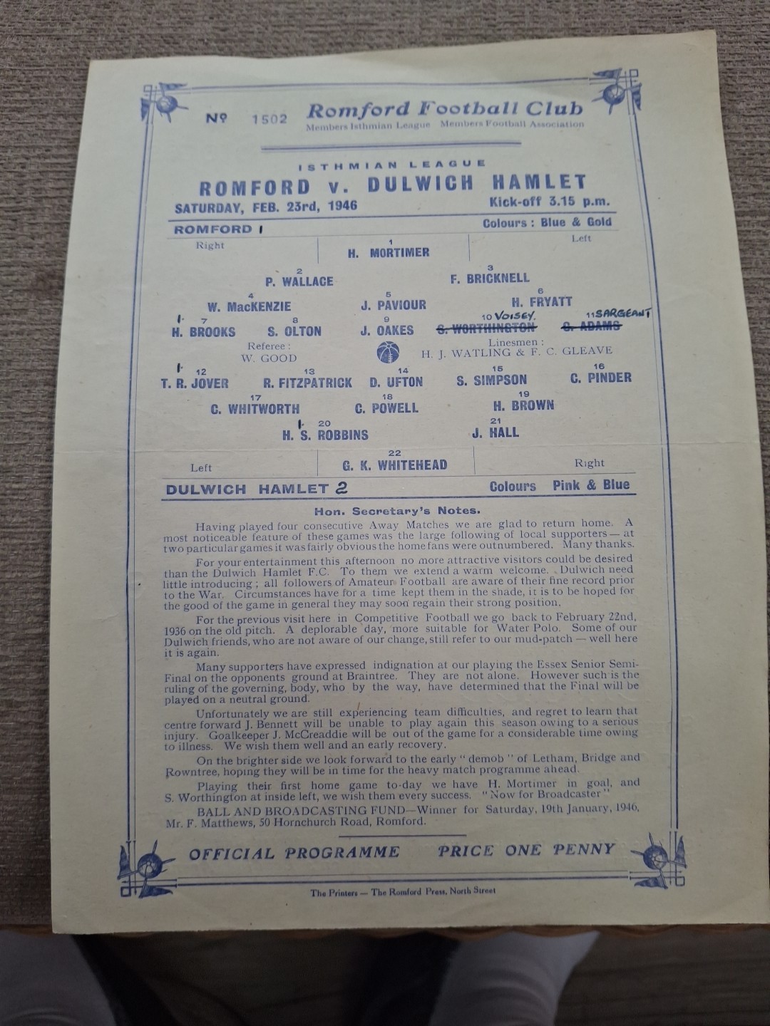 Romford v Dulwich Hamlet programme.  23/2/1946 for sale on Ebay