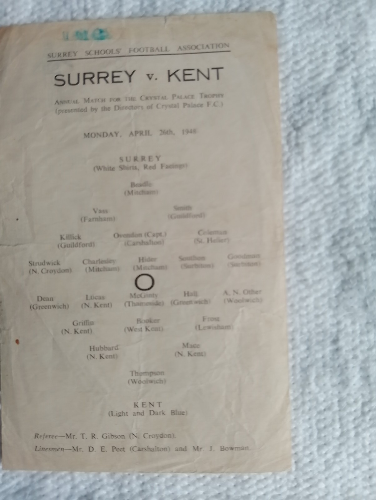 Surrey Boys v Kent Boys 1948/9 Crystal Palace Trophy Football Programme. for sale on Ebay