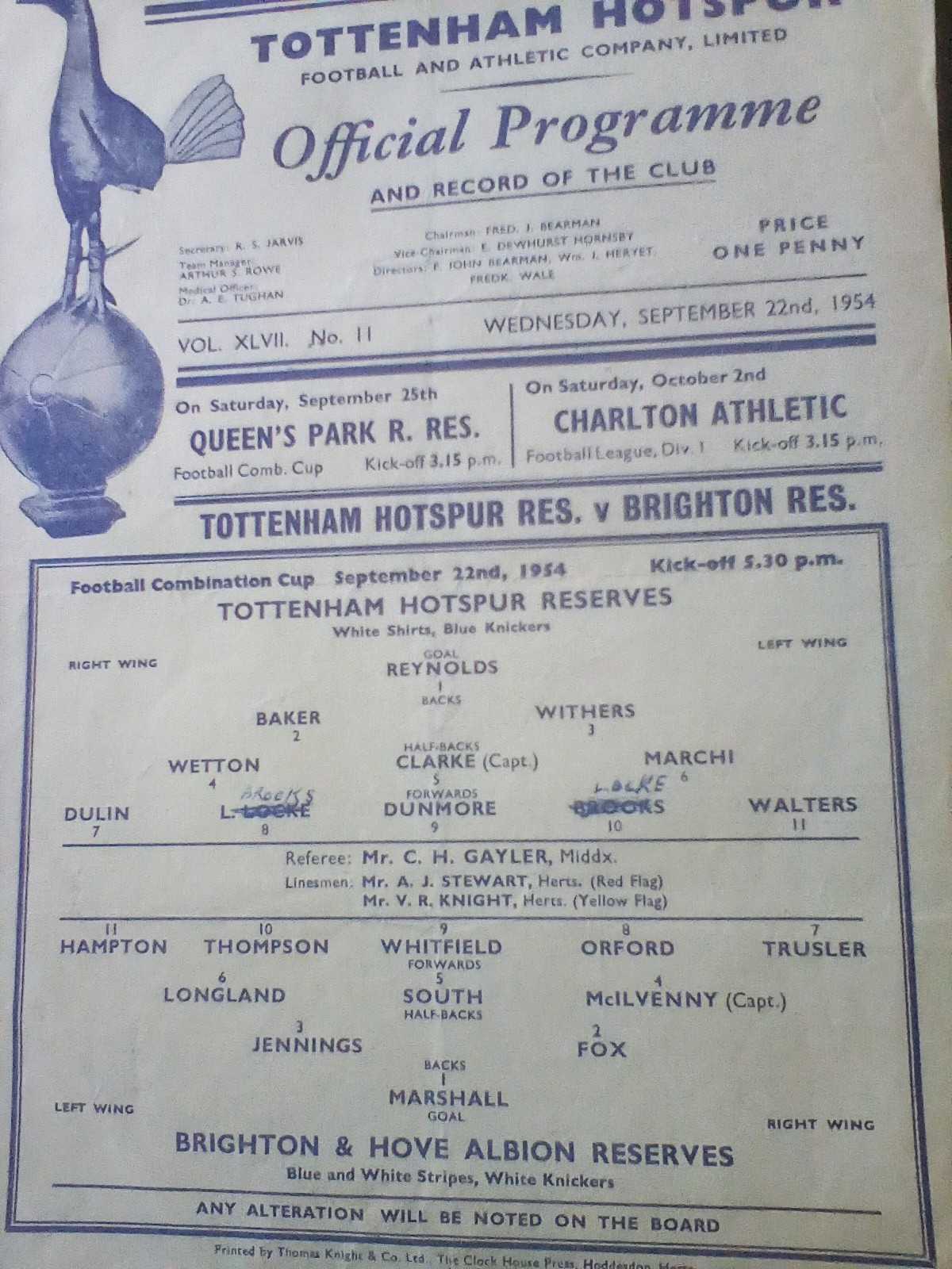 Tottenham reservesv Brighton Combination cup single sheet 1954/55 for sale on Ebay