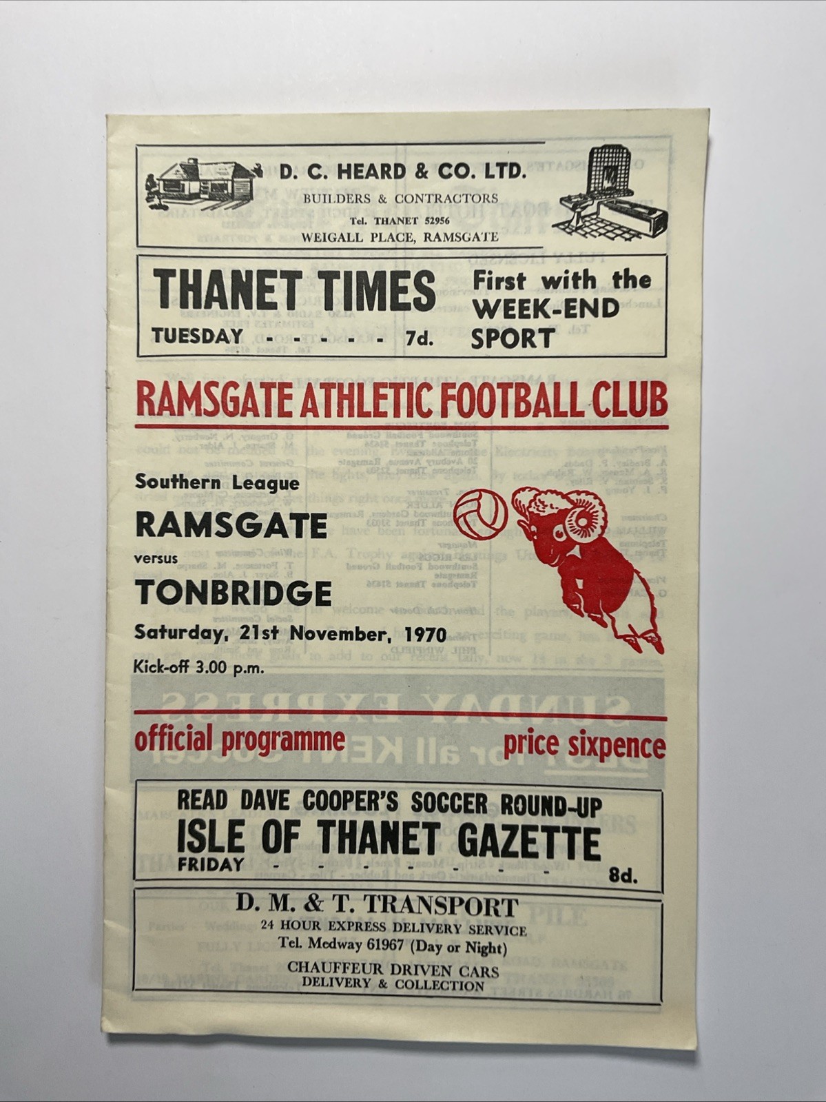 Ramsgate v Tonbridge;  Southern League,  21st November 1970 for sale on Ebay