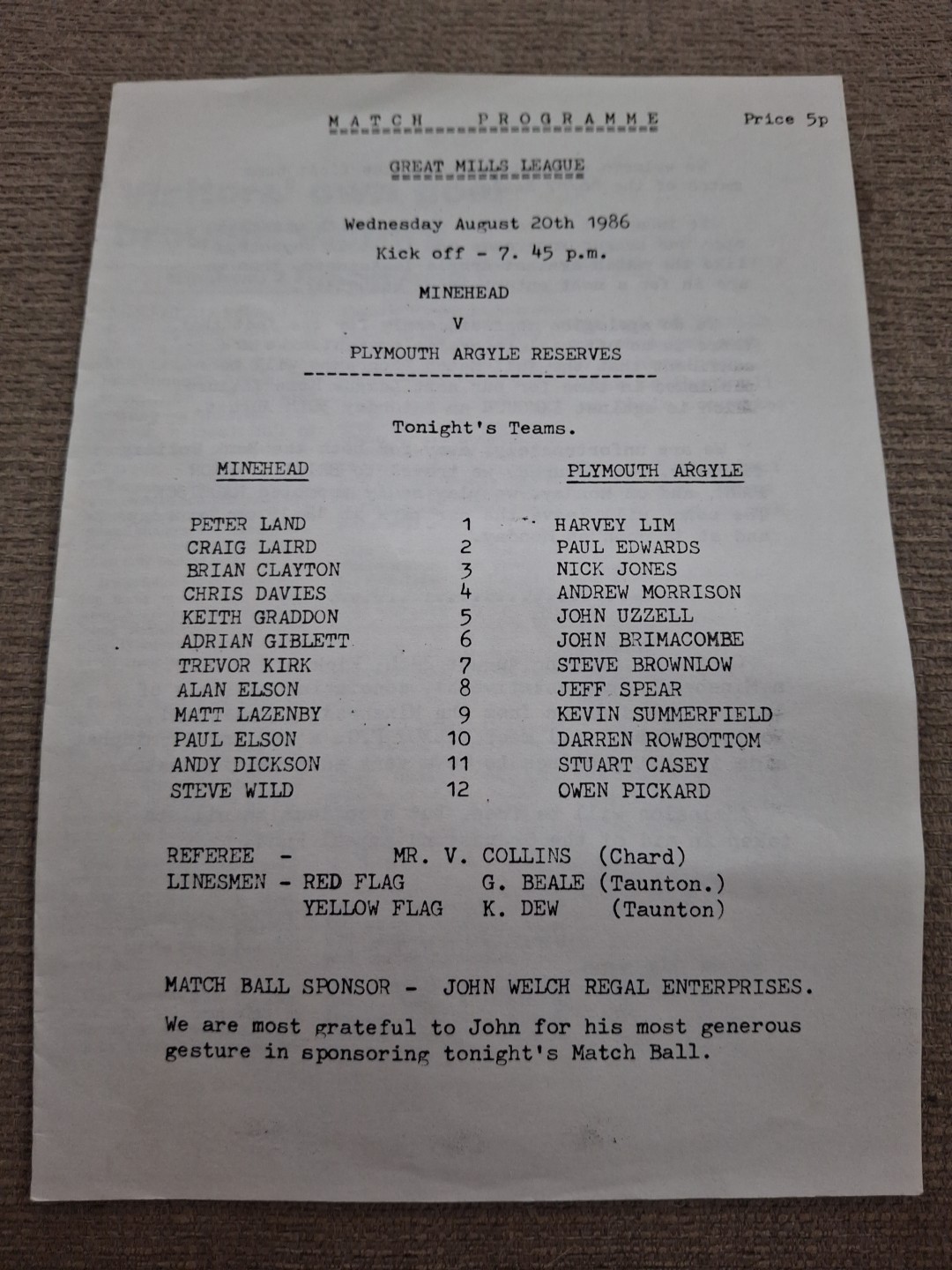 Minehead v Plymouth Argyle Reserves programme.  20/8/1986 for sale on Ebay