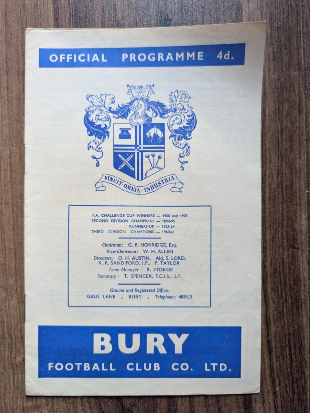 Bury Football Club Match Day Programme-Saturday 24th March 1962-Derby County for sale on Ebay