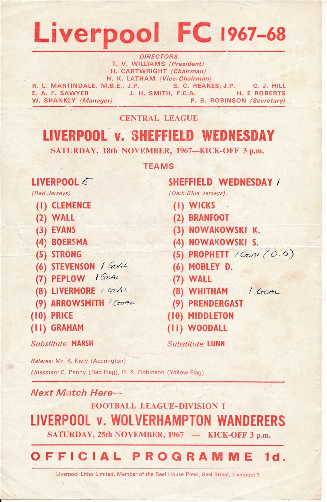 Liverpool Reserves v Sheffield Wednesday (Central League) 1967/1968 for sale on Ebay