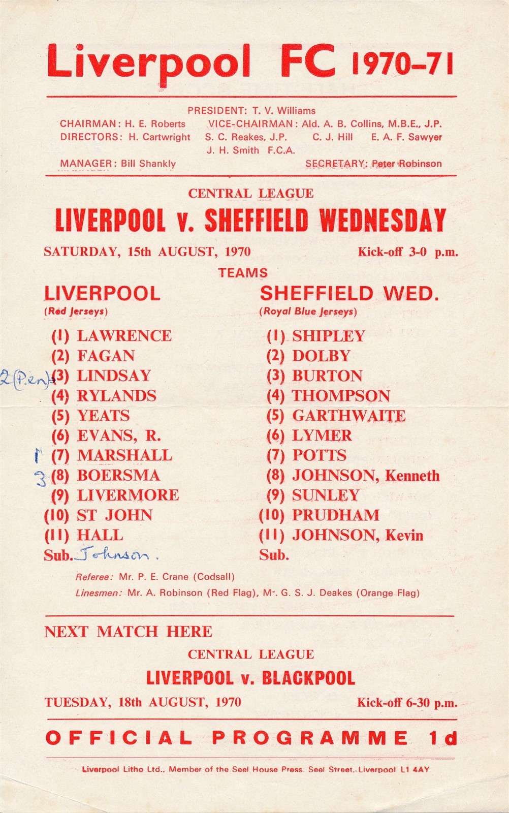Liverpool Reserves v Sheffield Wednesday (Central League) 1970/1971 for sale on Ebay