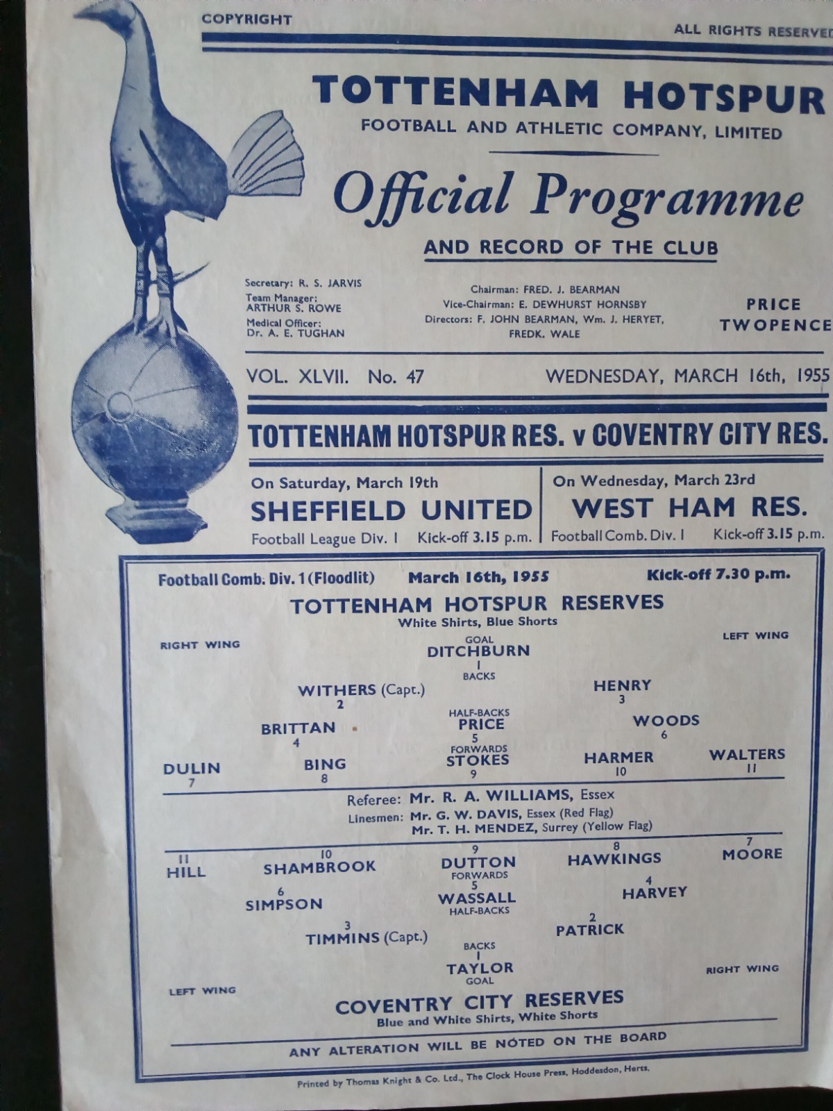 Tottenham reserves v Coventry City single sheet 1954/55 for sale on Ebay