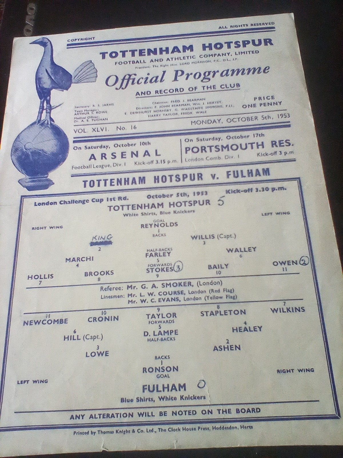 Tottenham v Fulham London Challenge cup single sheet 1953/54 for sale on Ebay