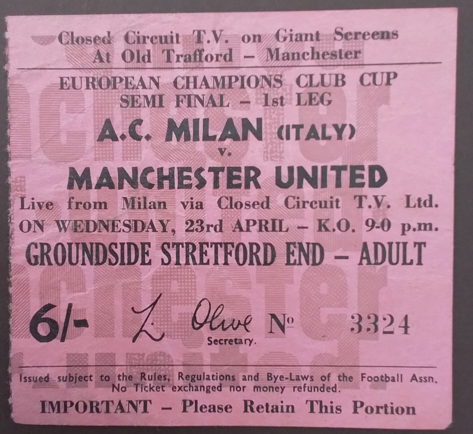 AC Milan v Manchester United European  Cup Semi Final 1969 CCTV at Old Trafford  for sale on Ebay