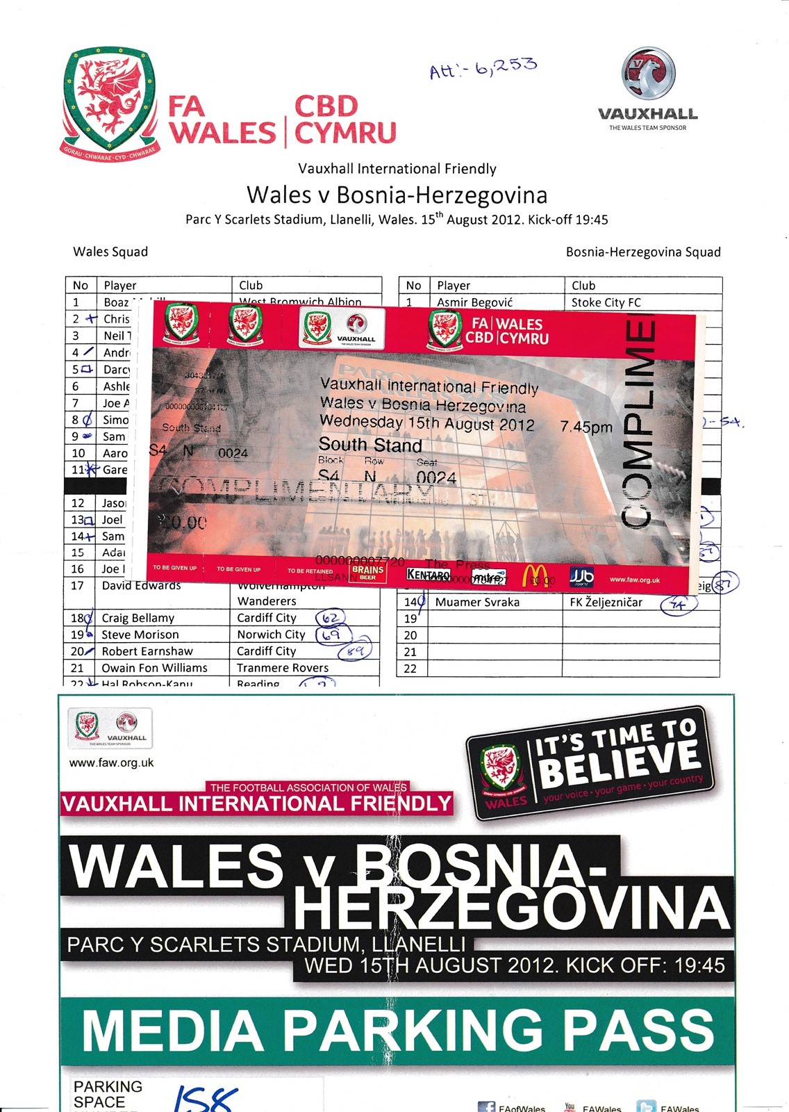 TICKET: Wales v Bosnia (International Friendly) 2002 + Team sheet & parking pass for sale on Ebay
