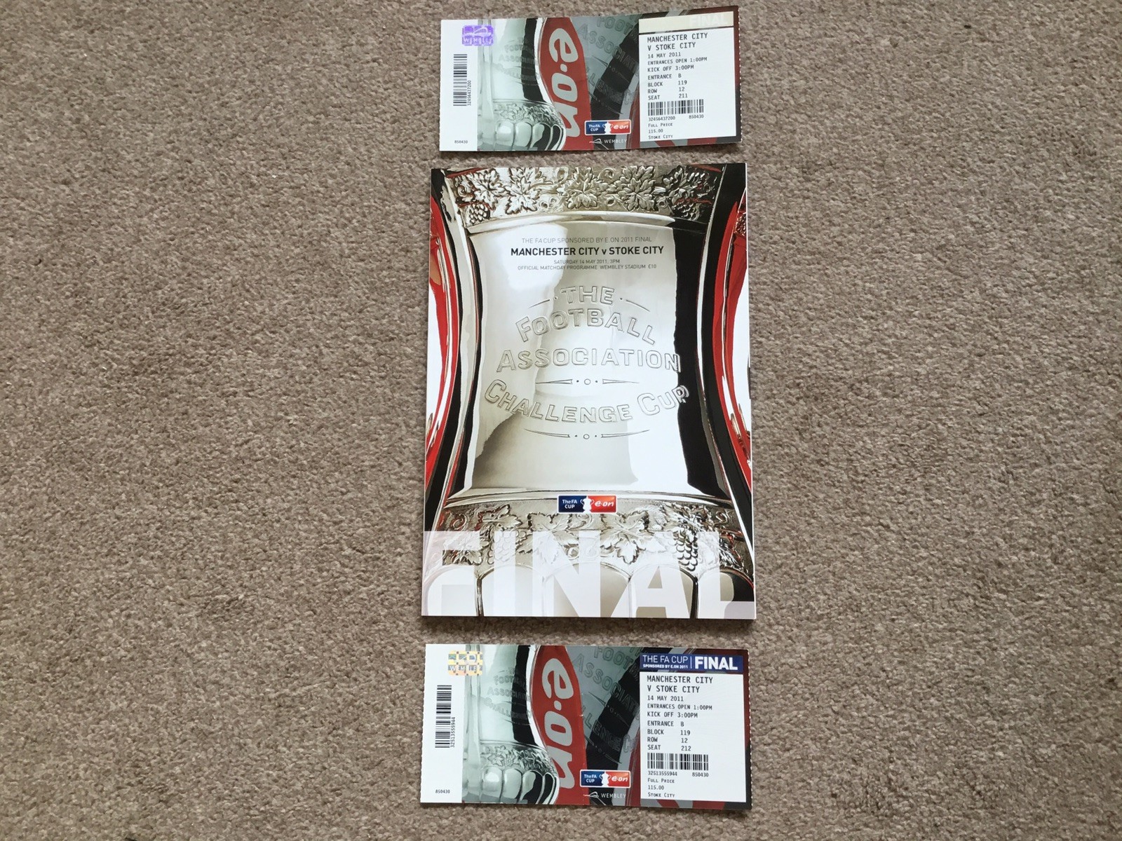 F.A. CUP FINAL 2011 MANCHESTER CITY V STOKE CITY INC 2x COMPLETE TICKET STUBS for sale on Ebay