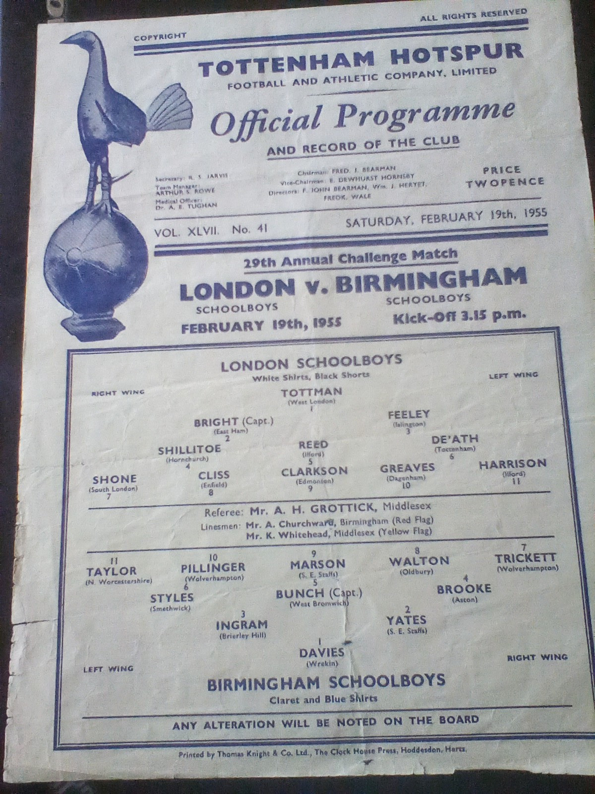 London v Birmingham Schoolboys at Tottenham single sheet 1954/55 for sale on Ebay