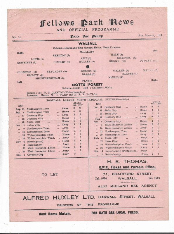1943/44 Football League North - WALSALL v. NOTTINGHAM FOREST (single sheet) for sale on Ebay