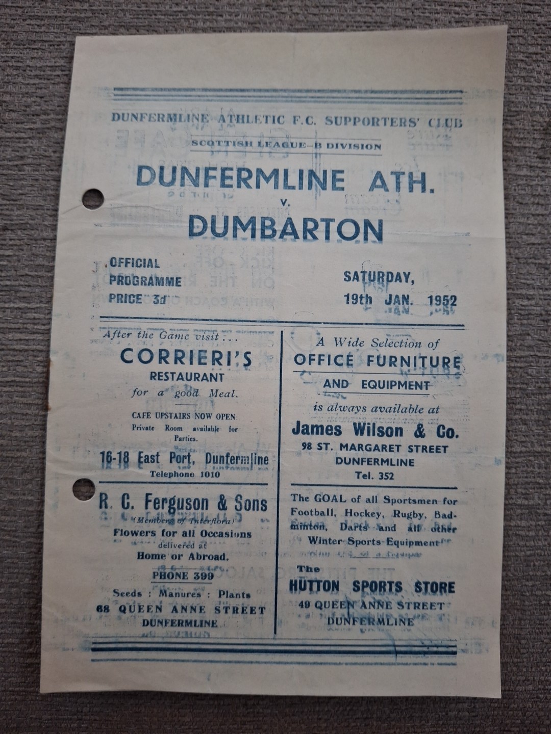 Dunfermline Athletic v Dumbarton programme.  19/1/1952 for sale on Ebay