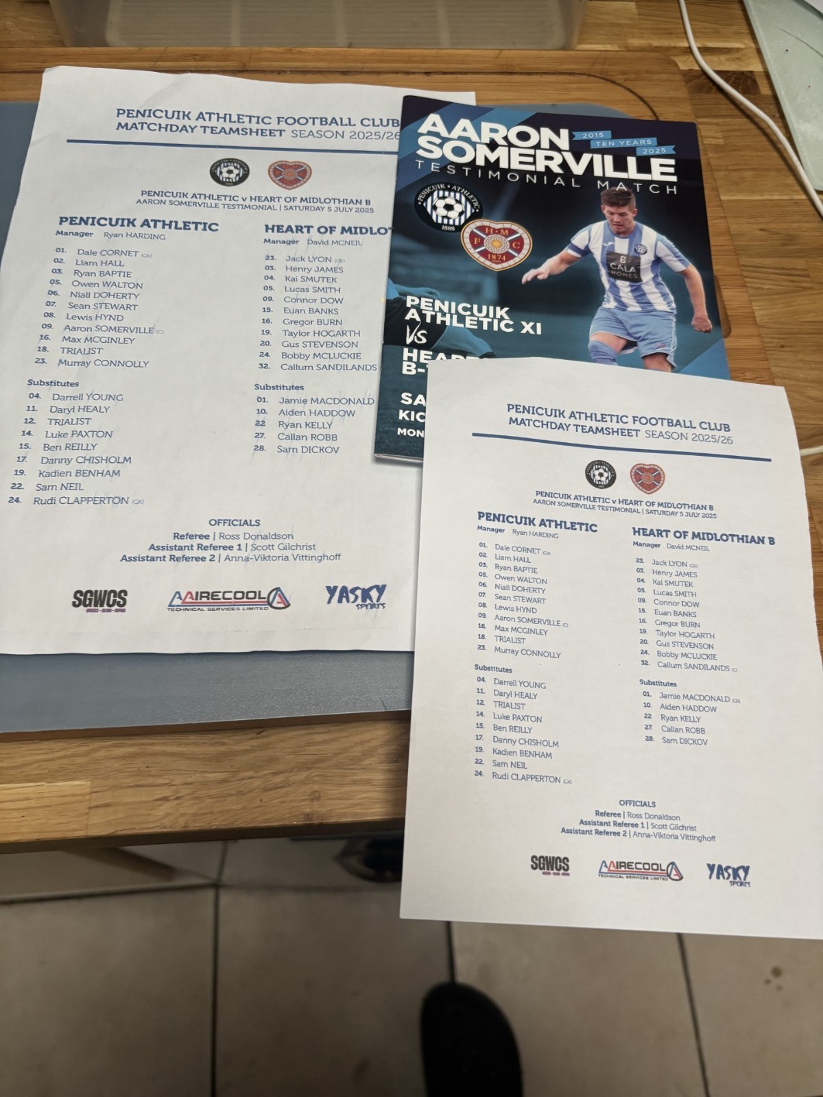 PENICUIK ATHELTIC v HEARTS July 2025 Somerville testimonial + both team sheets for sale on Ebay