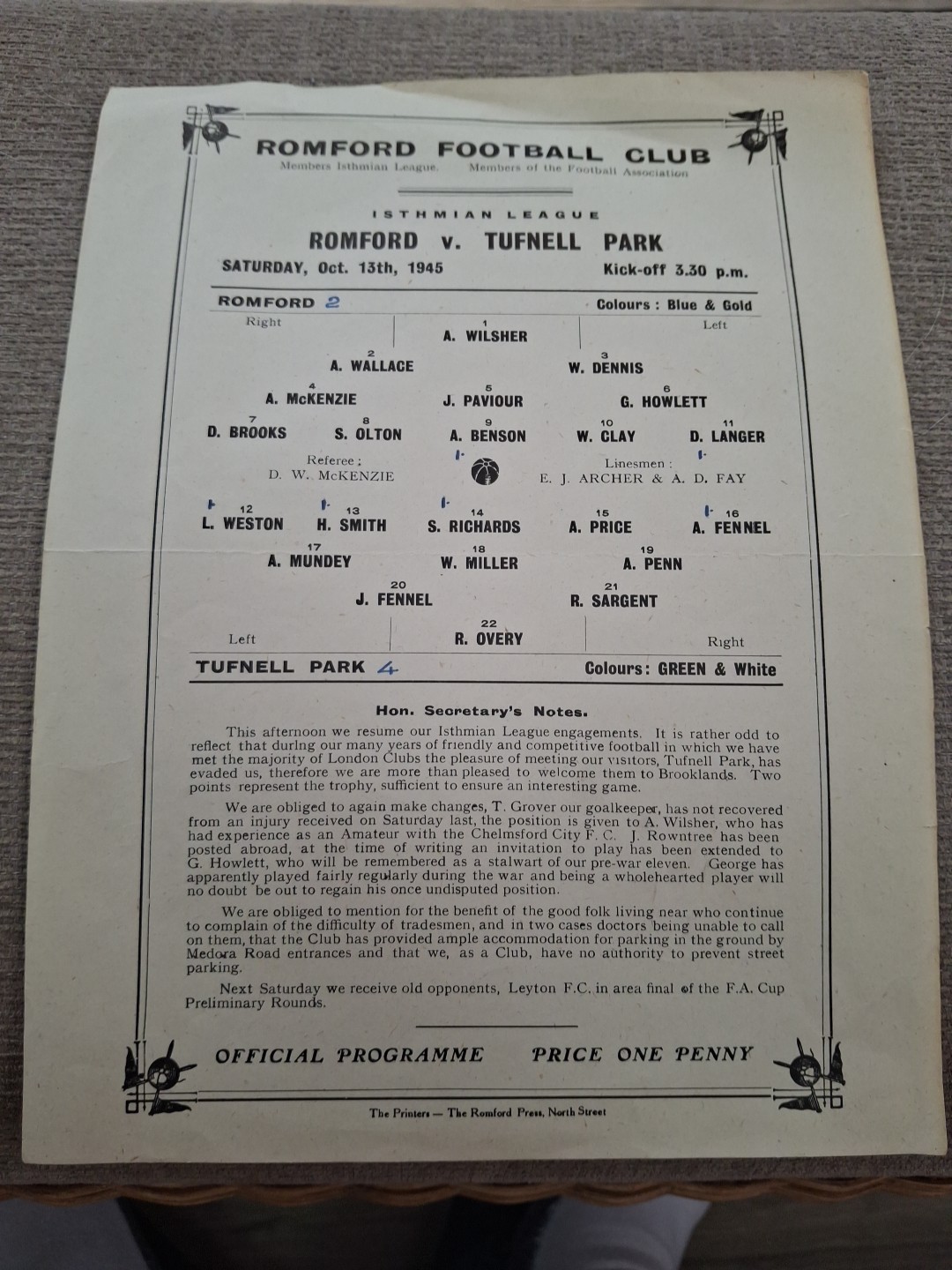 Romford v Tufnel Park programme.  13/10/1945 for sale on Ebay