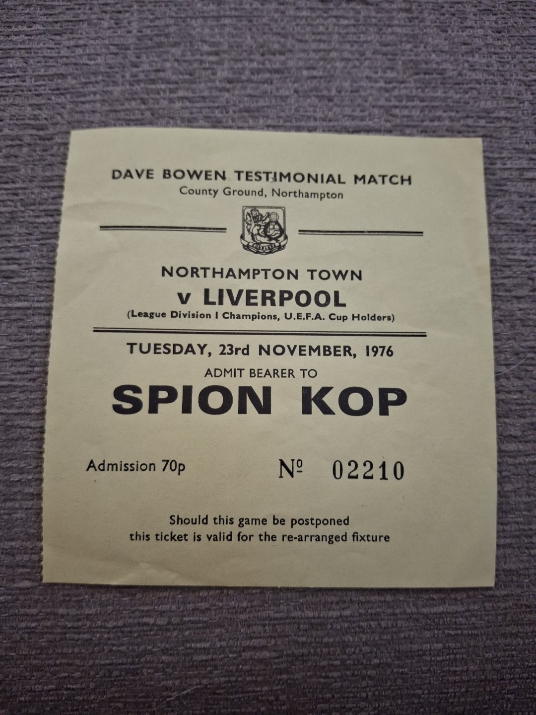 Northampton Town v Liverpool TICKET.  23/11/1976  Dave Bowen Testimonial  for sale on Ebay