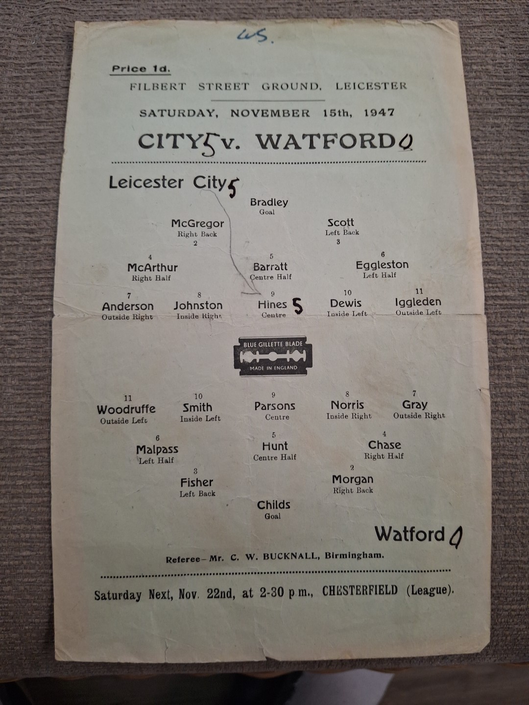 Leicester City Reserves v Watford Res programme.  15/11/1947 for sale on Ebay