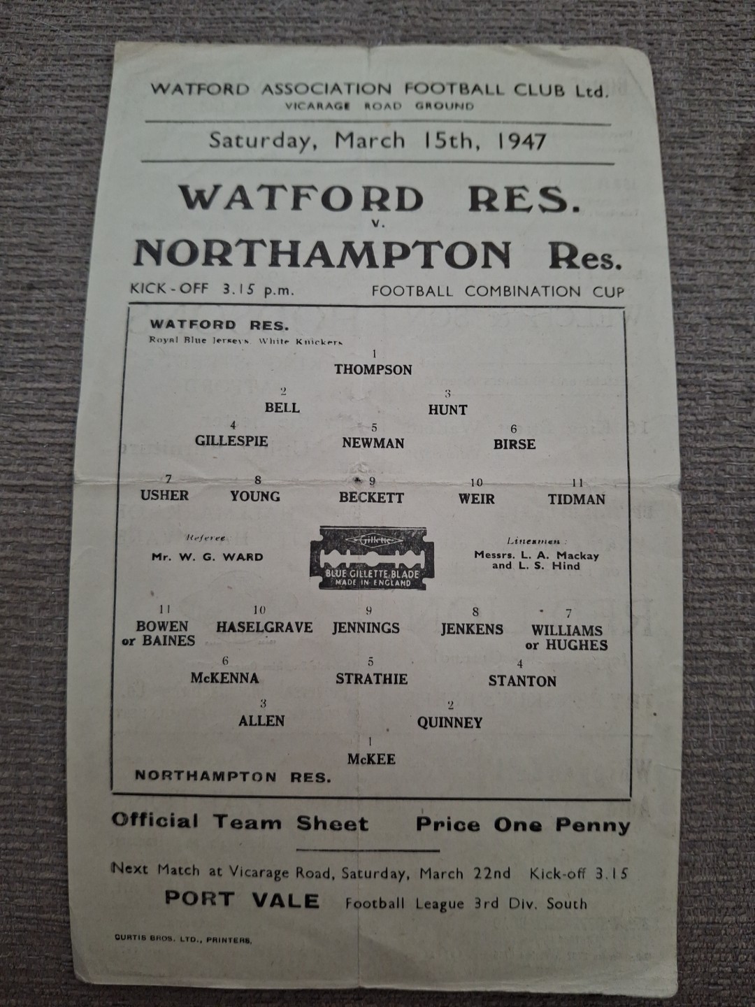 Watford Reserves v Northampton Town Res programme.  15/3/1947 for sale on Ebay