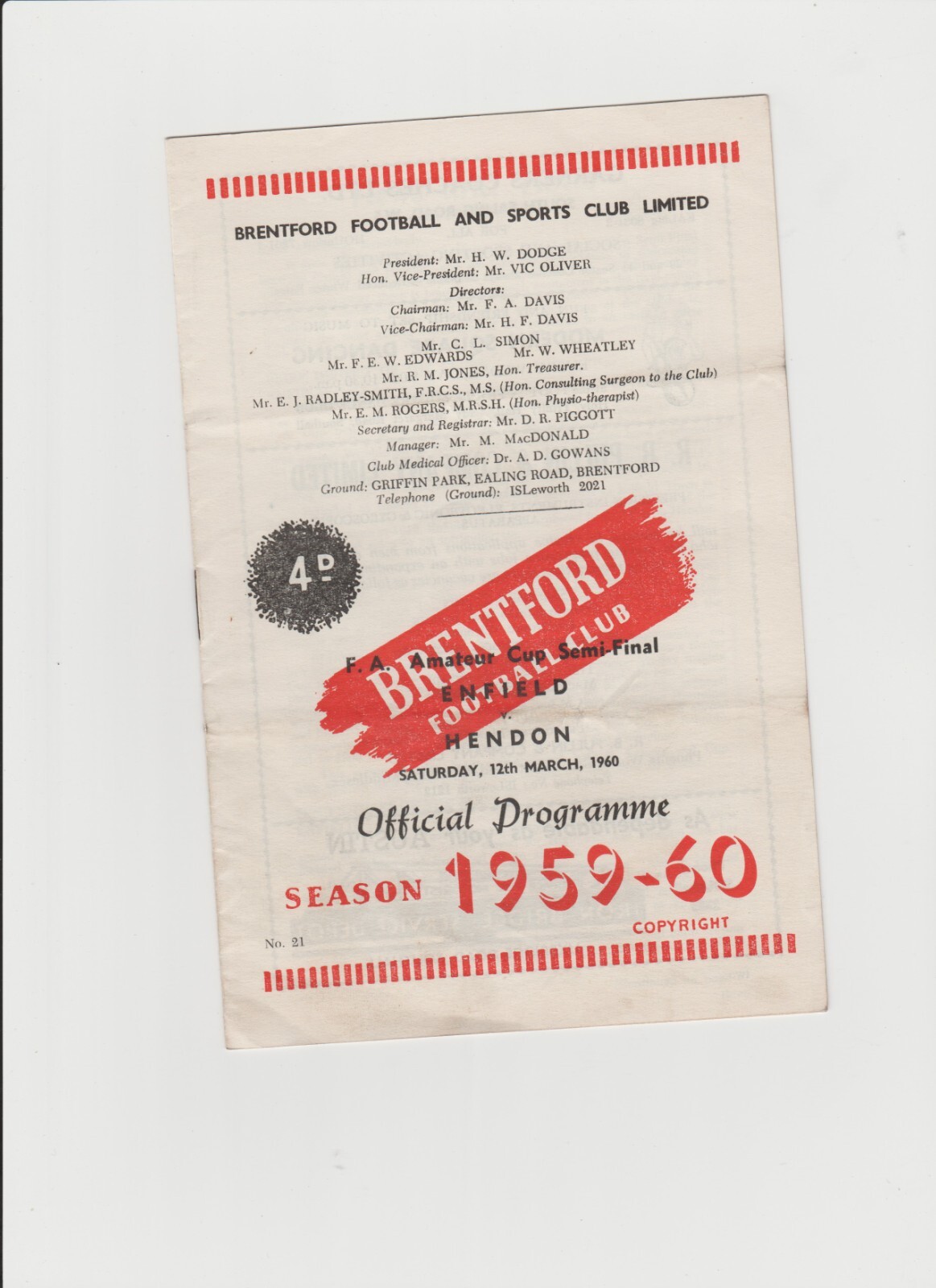 1959-60 Enfield v. Hendon - F A Amateur Cup Semi-Final @ Brentford for sale on Ebay