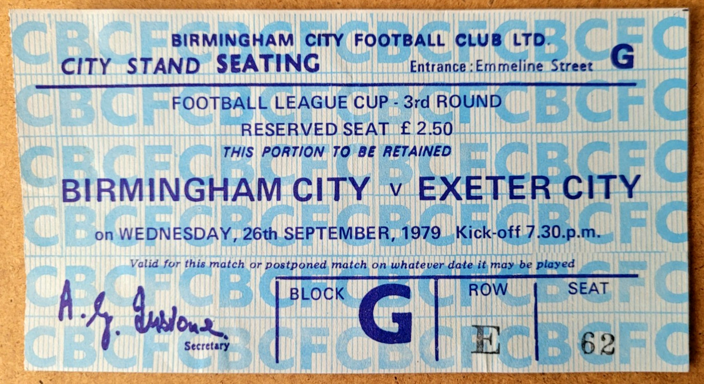 26 September 1979 BIRMINGHAM CITY v EXETER CITY, League Cup, fine/clean TICKET! for sale on Ebay