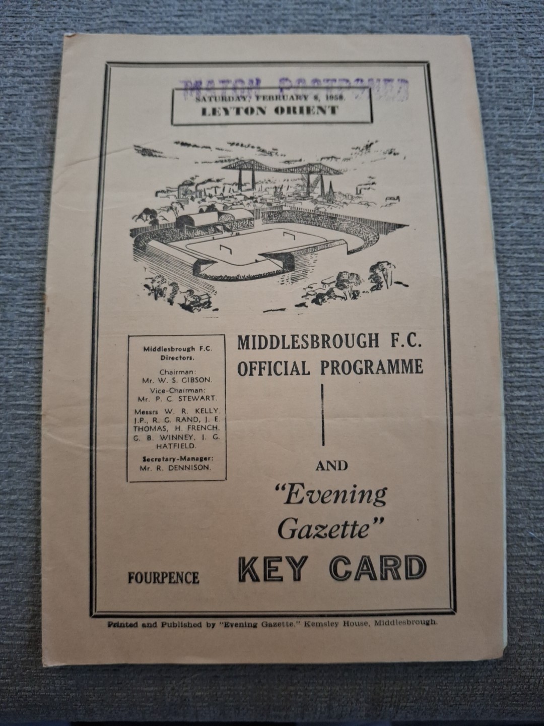 Middlesbrough v Leyton Orient POSTPONED programme.  8/2/1958 for sale on Ebay
