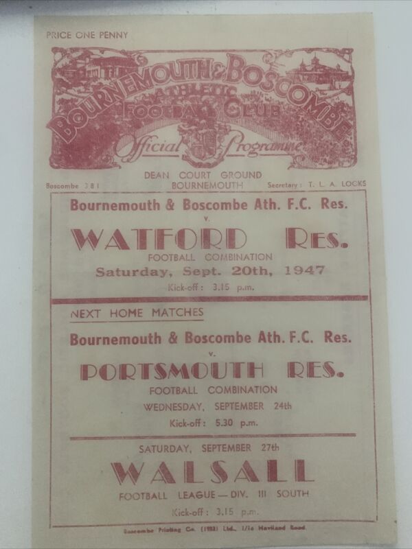 Reserves - Bournemouth V Watford - 1947/1948 - Football Combination for sale on Ebay