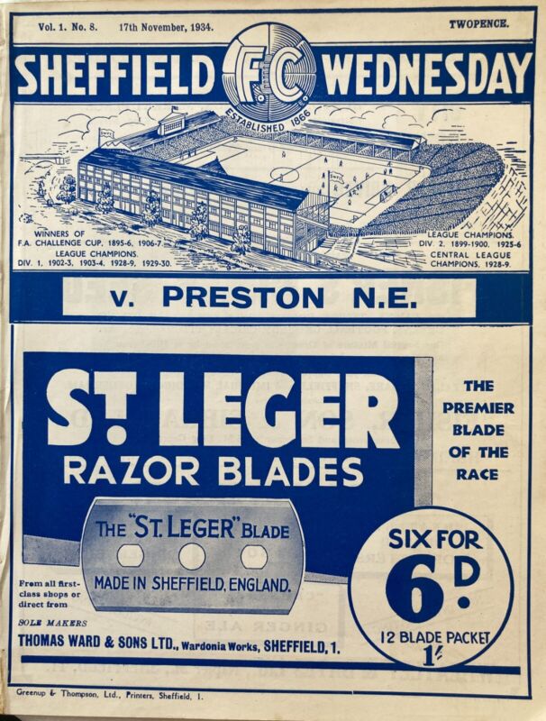 Sheffield Wednesday v Preston North End   Div 1  1934/35 for sale on Ebay
