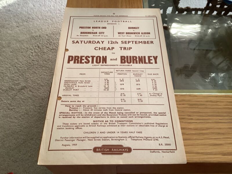 Rail Handbill 1959 to Preston North End v Birmingham, BURNLEY (Champions) v WBA for sale on Ebay