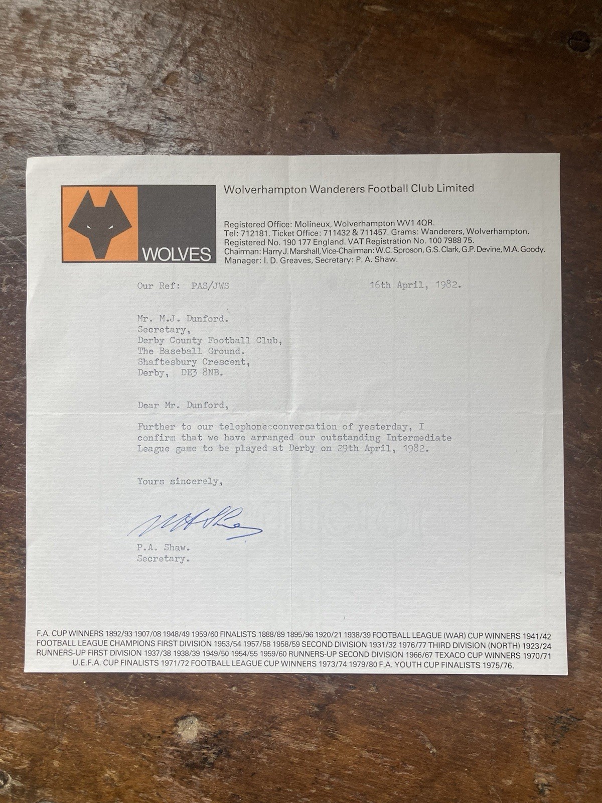 1982 Wolverhampton Wanderers Letter to Derby County re Intermediate Reserve Game for sale on Ebay