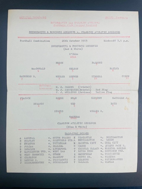 1963/64 BOURNEMOUTH RESERVES V CHARLTON ATHLETIC 26-10-1963 FOOTBALL COMBINATION for sale on Ebay