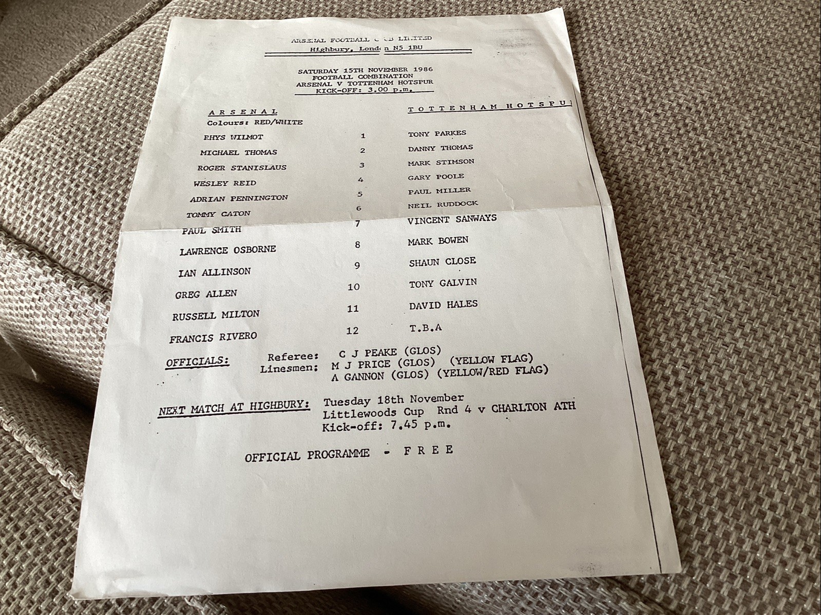 Arsenal v Tottenham Hotspur reserves programme 15/11/86 for sale on Ebay