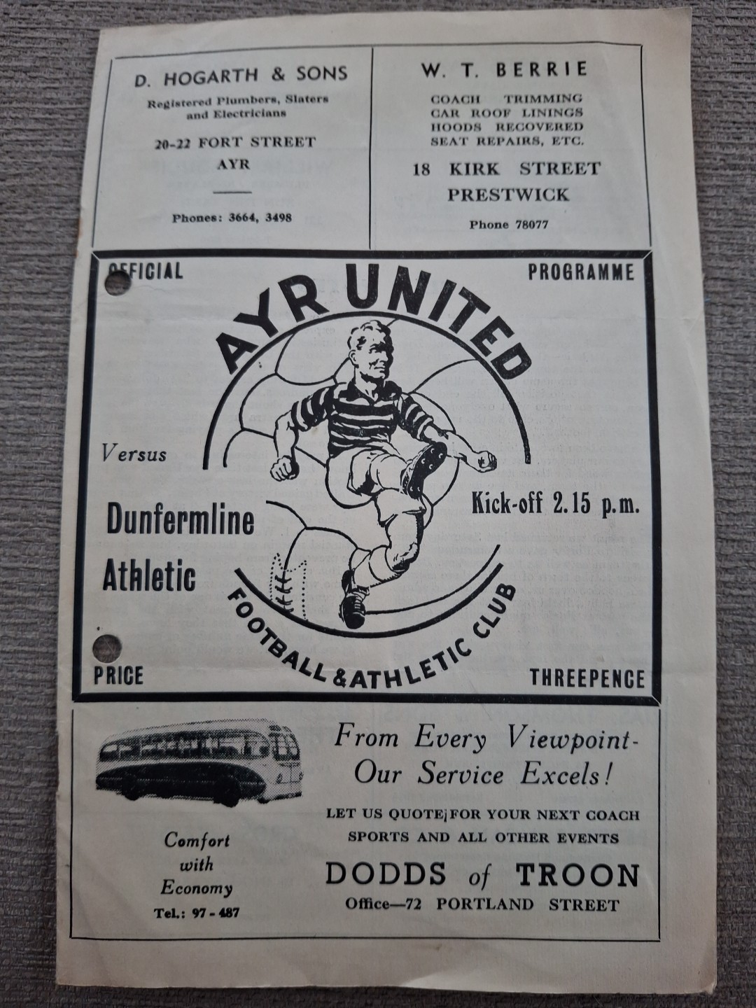 Ayr United v Dunfermline Athletic programme.  13/12/1952 for sale on Ebay