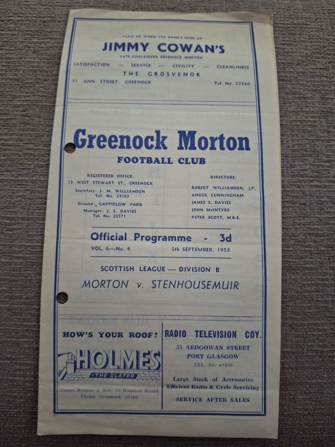 Greenock Morton v Stenhousemuir programme.  5/9/1953 for sale on Ebay