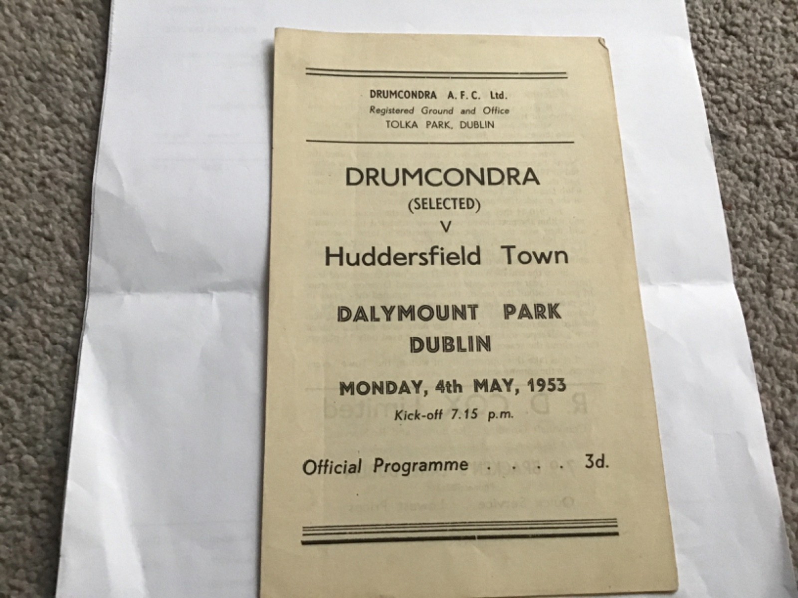 Drumcondra v Huddersfield Town Football  Programme 4/5/1953. for sale on Ebay