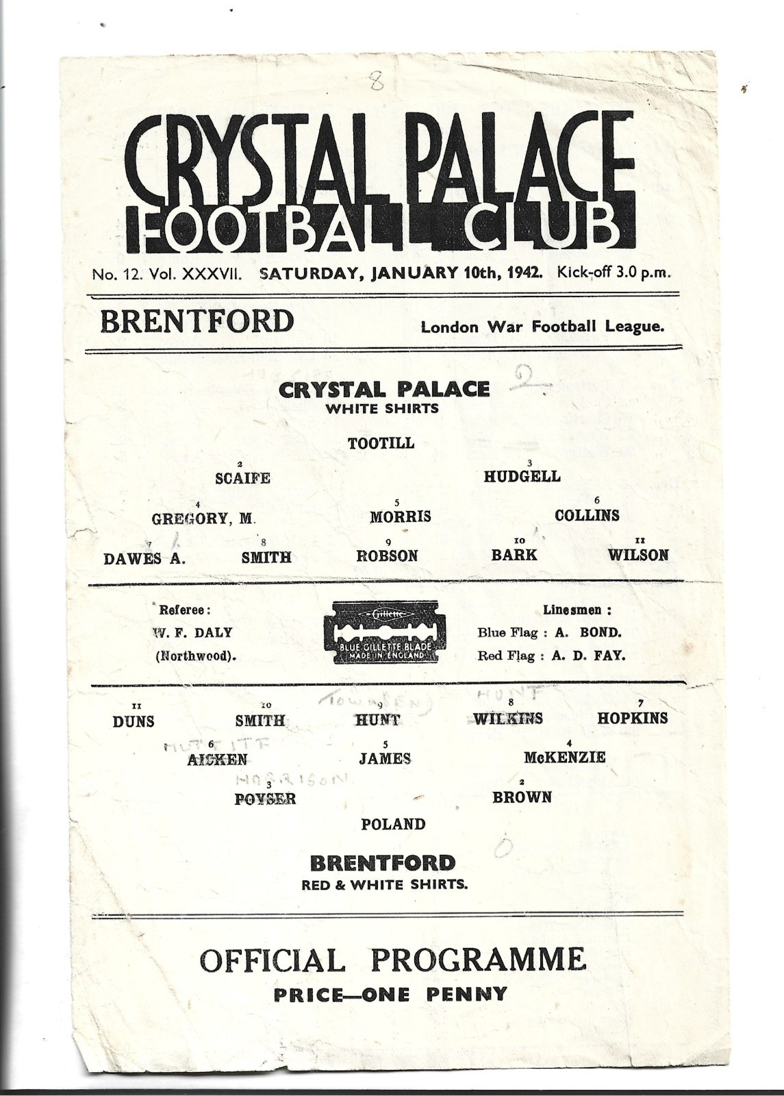 1942 SINGLE SHEET FOOTBALL PROGRAMME , CRYSTAL PALACE v BRENTFORD for sale on Ebay