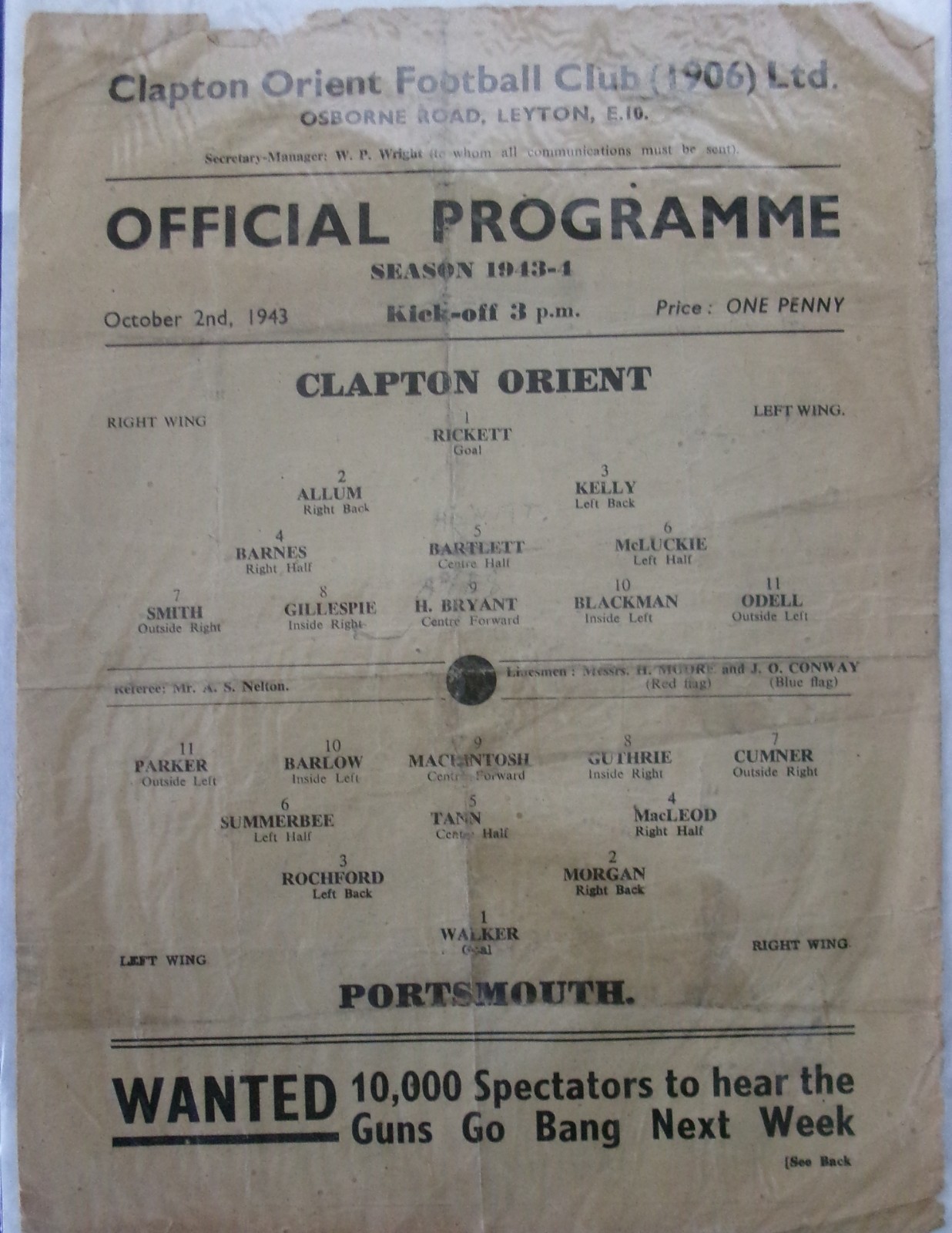 CLAPTON  ORIENT V PORTSMOUTH 2/10/1943 WAR LEAGUE SOUTH SINGLE PAGE for sale on Ebay