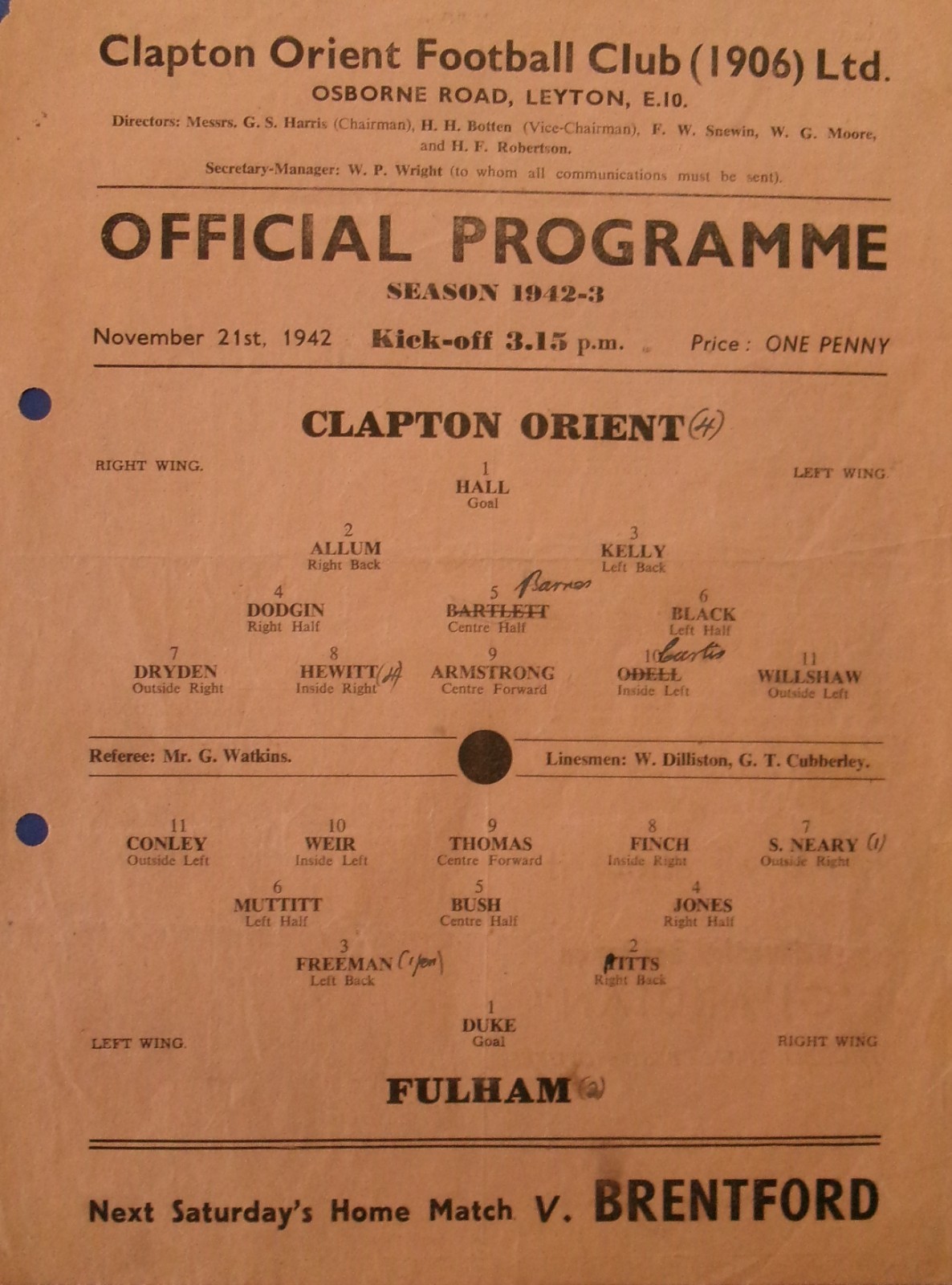 CLAPTON  ORIENT V FULHAM 21/11/1942 WAR LEAGUE SOUTH SINGLE PAGE RARE for sale on Ebay