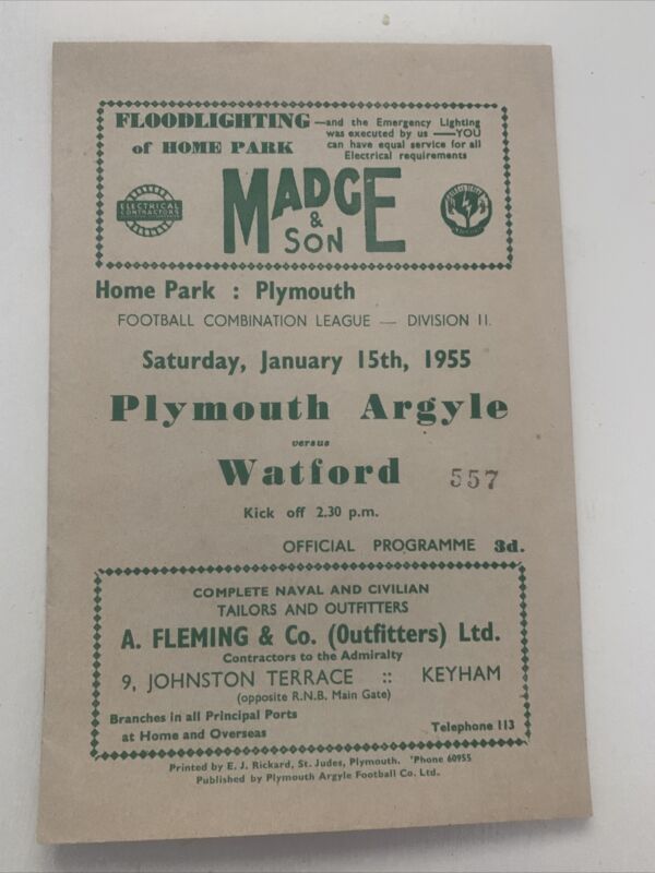 Reserves - Plymouth Argyle V Watford - 1954/1955 - Football Combination for sale on Ebay