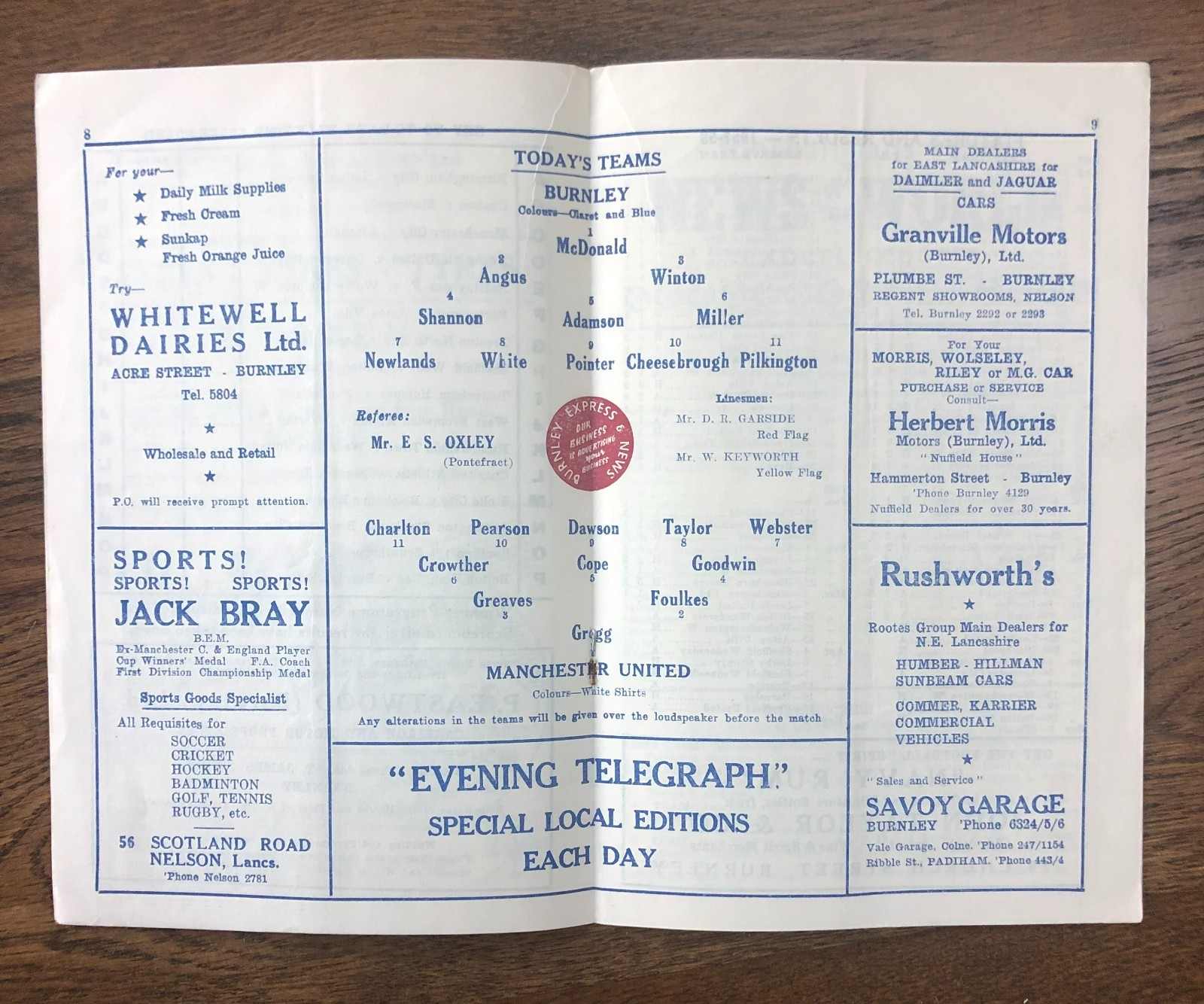 1957 - 1958 Burnley v Manchester United - March 58 post Munich Disaster  for sale on Ebay