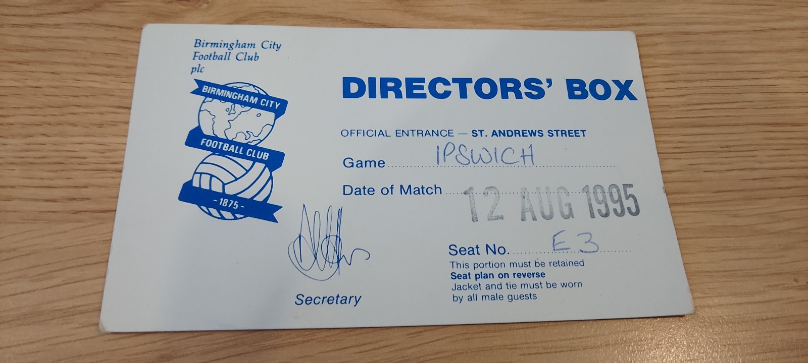 Rare Directors Box + Boardroom Tickets 1995/96 Birmingham City v Ipswich Town for sale on Ebay