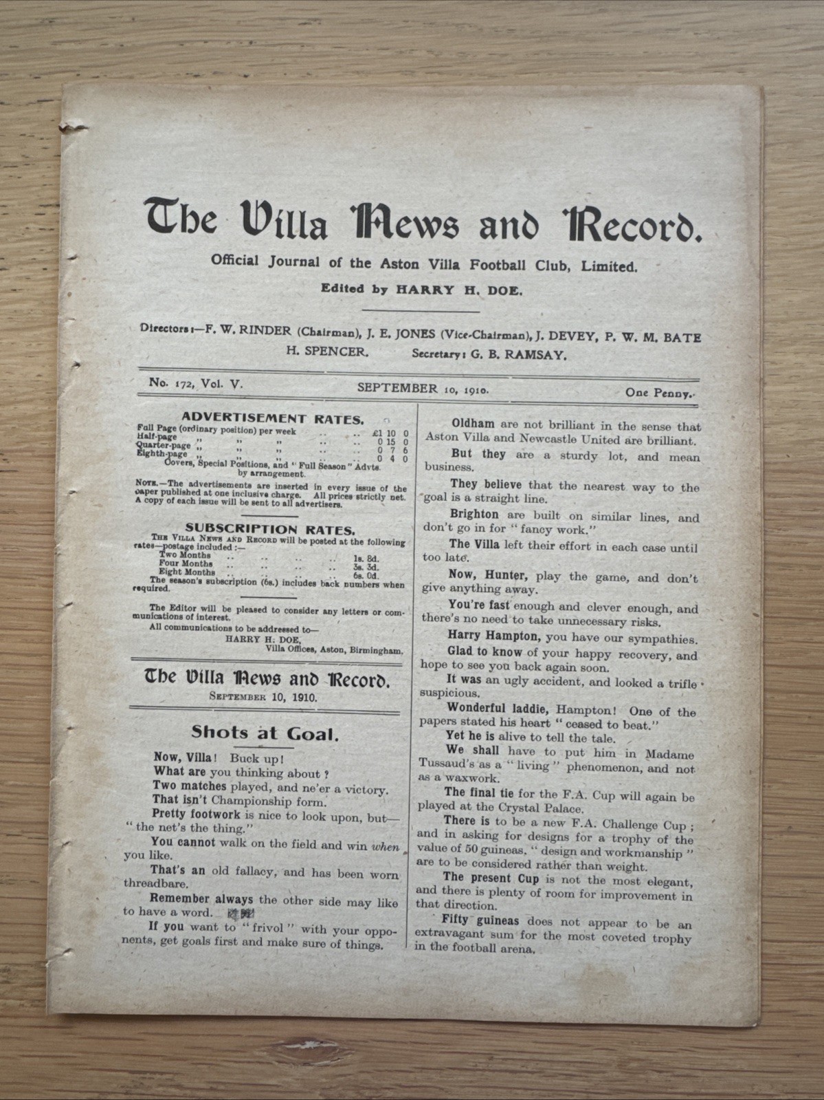 1910/11 - Aston Villa RESERVES v Halesowen PLUS Brighton charity shield report for sale on Ebay