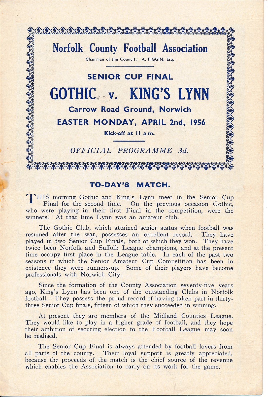 NORWICH CITY - Gothic v Kings Lynn (Norfolk Cup Final @ Carrow Road) 1956 for sale on Ebay