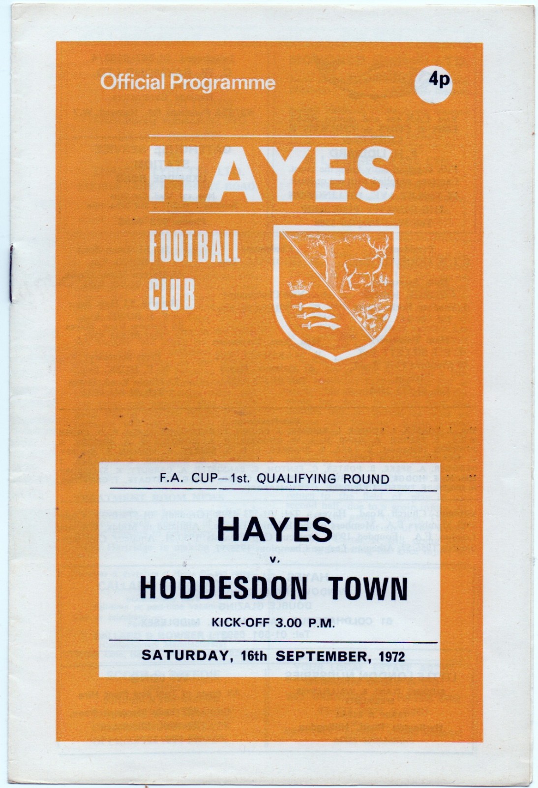 72-73 Hayes vs Hoddesdon Town (FA Cup : Saturday 16th September 1972). for sale on Ebay