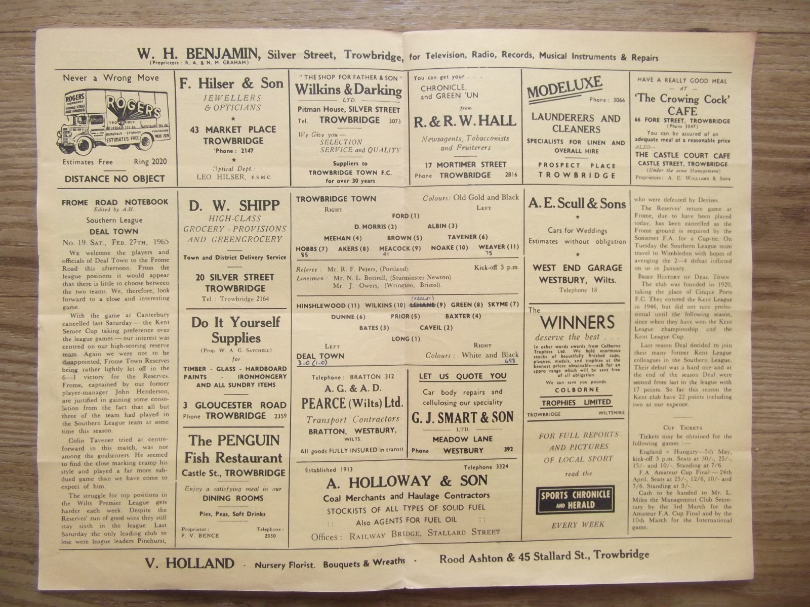 27 FEB 1965 TROWBRIDGE TOWN v DEAL TOWN - SOUTHERN LEAGUE. for sale on Ebay