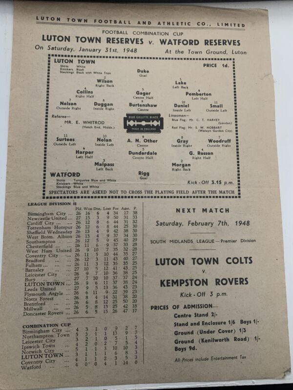 Reserves - Luton Town V Watford - 1947/1948 - Football Combination Cup for sale on Ebay