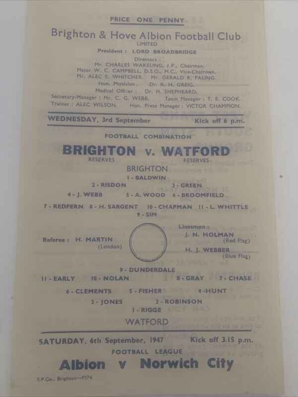 Reserves - Brighton & Hove Albion V Watford - 1947/1948 - Football Combination for sale on Ebay