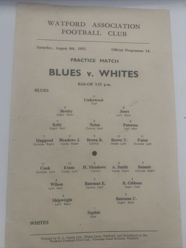 Friendly - Watford Public Practice Match - 1953/1954 for sale on Ebay