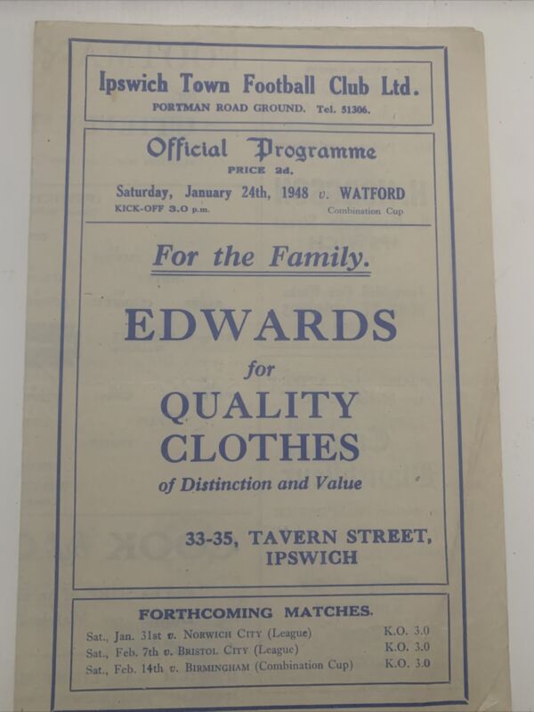 Reserves - Ipswich Town V Watford - 1947/1948 - Football Combination Cup for sale on Ebay