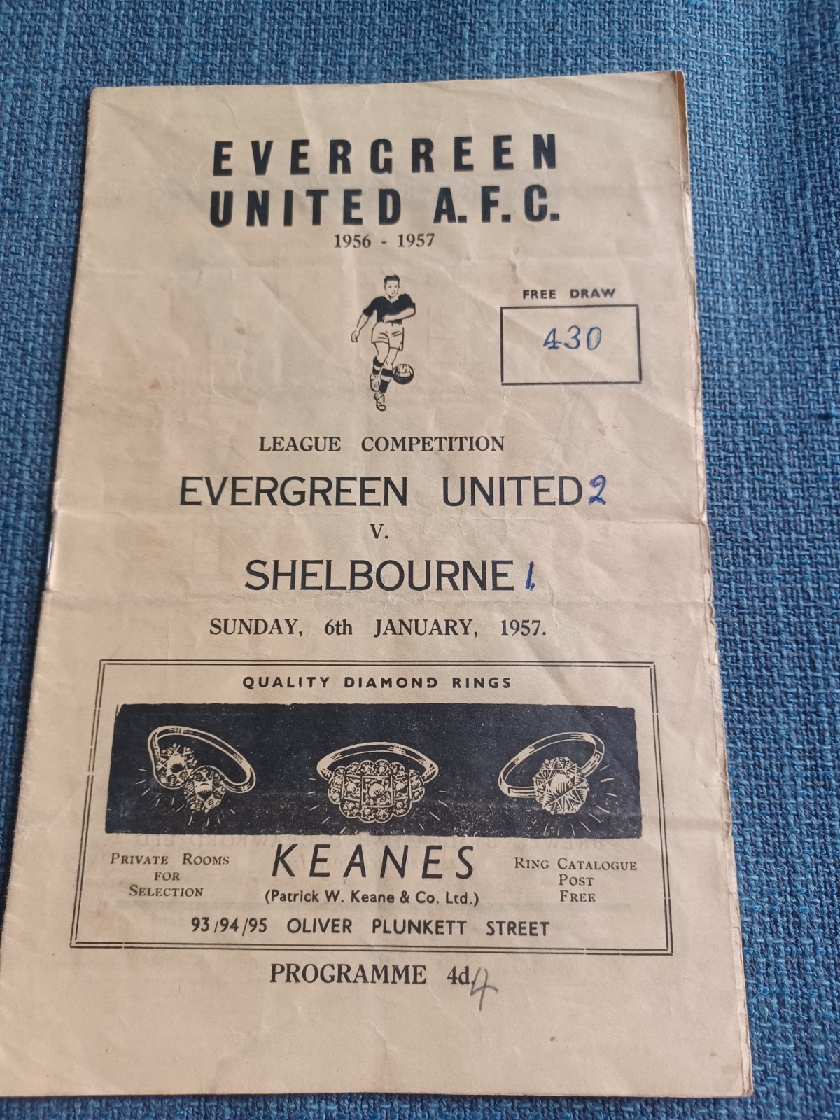 Evergreen United V Shelbourne 6/1/1957 for sale on Ebay