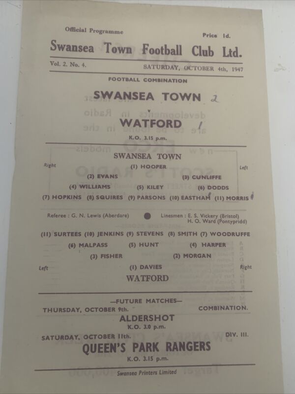 Reserves - Swansea Town V Watford - 1947/1948 - Football Combination for sale on Ebay