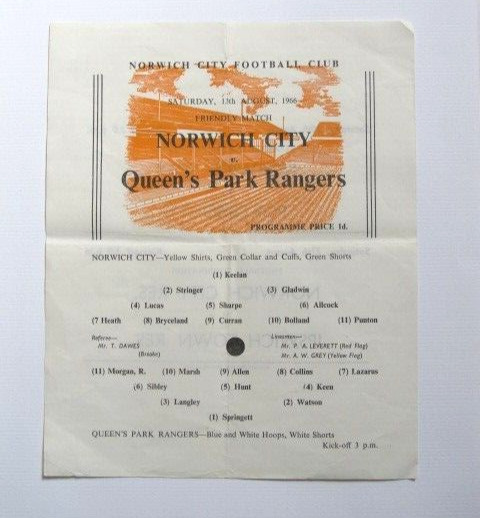 1966/67 Norwich City  v QPR/Queens Park Rangers. Friendly Football programme for sale on Ebay